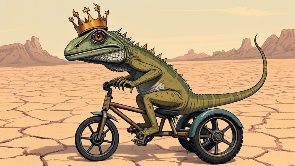 A comically arrogant iguana wearing an oversized tarnished c...