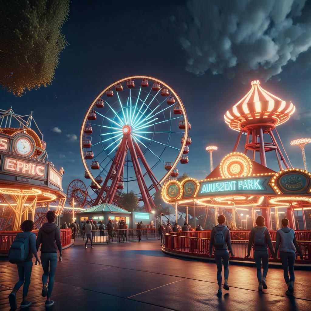 Nighttime Amusement Park in 3D Cinematic Style