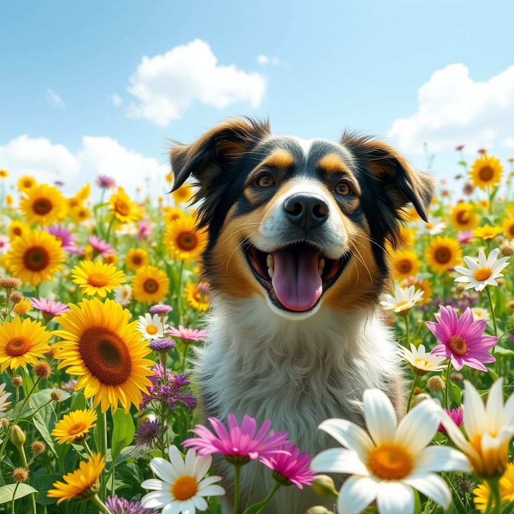 Joyful Dog in Lush Flower Meadow, Photorealistic Rendering