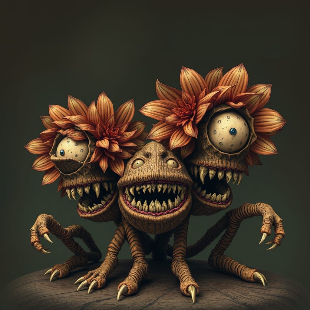 Surreal Brown Flower Creatures with Teeth and Haunting Eyes