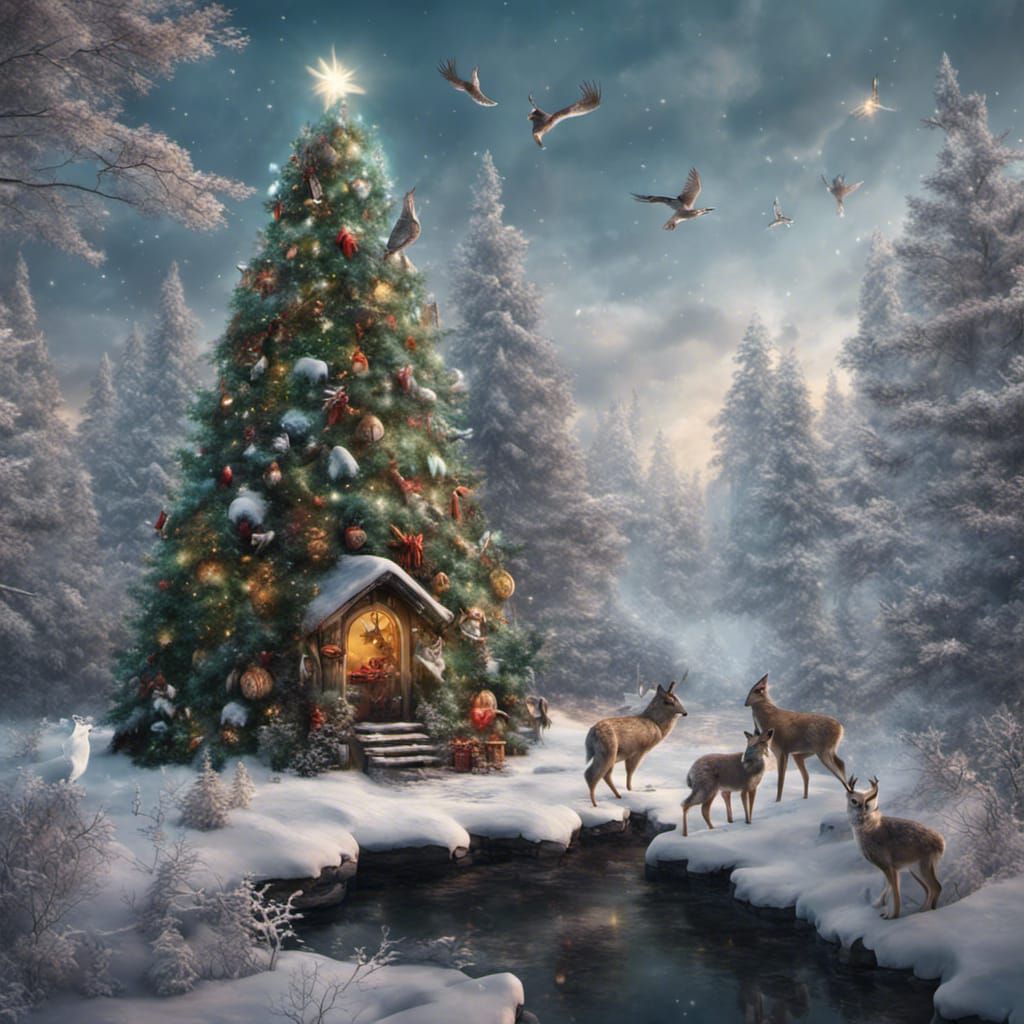 Fantasy Christmas Scene with Wildlife in Winter