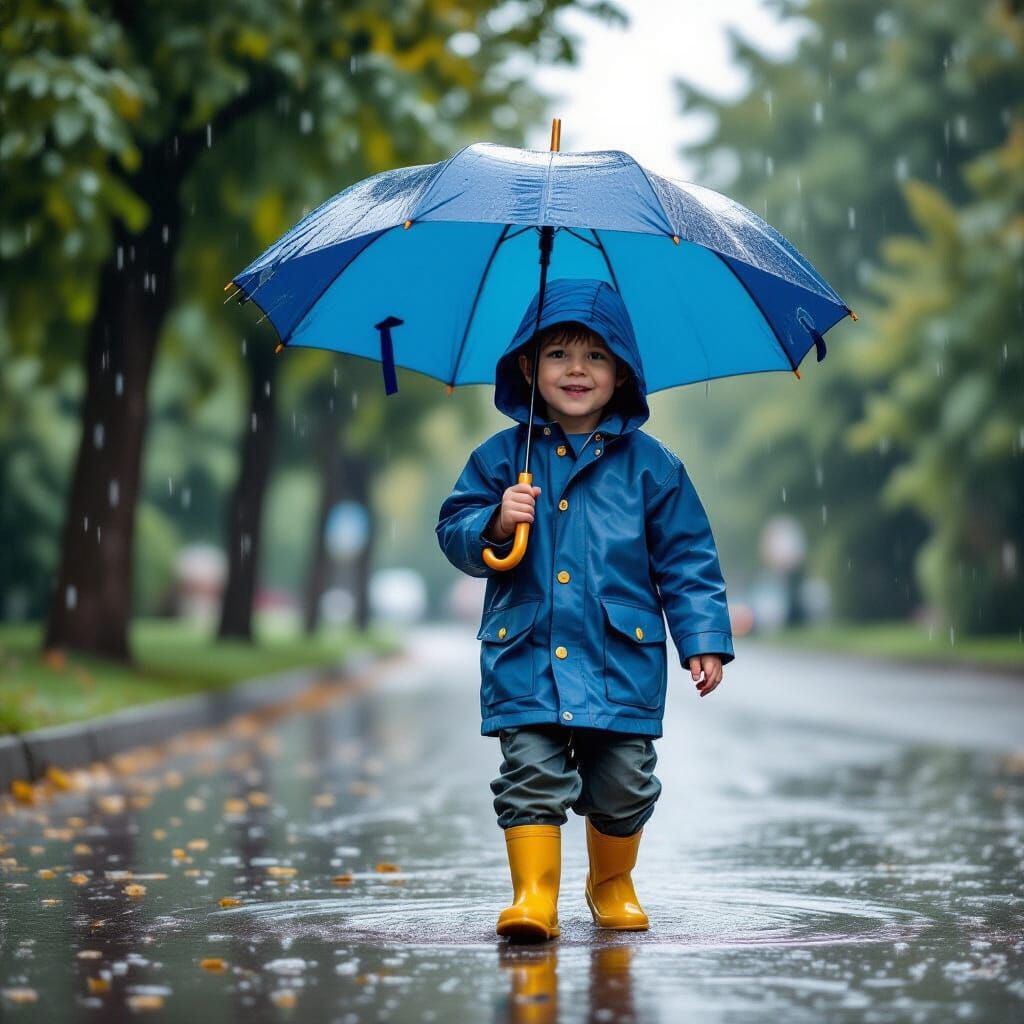 Boy Playing in the Rain with Umbrella