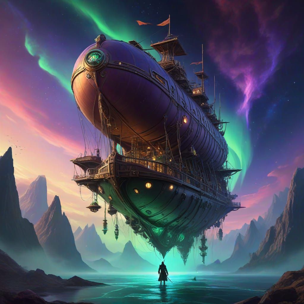 Steampunk Airship in Cosmic Nebula