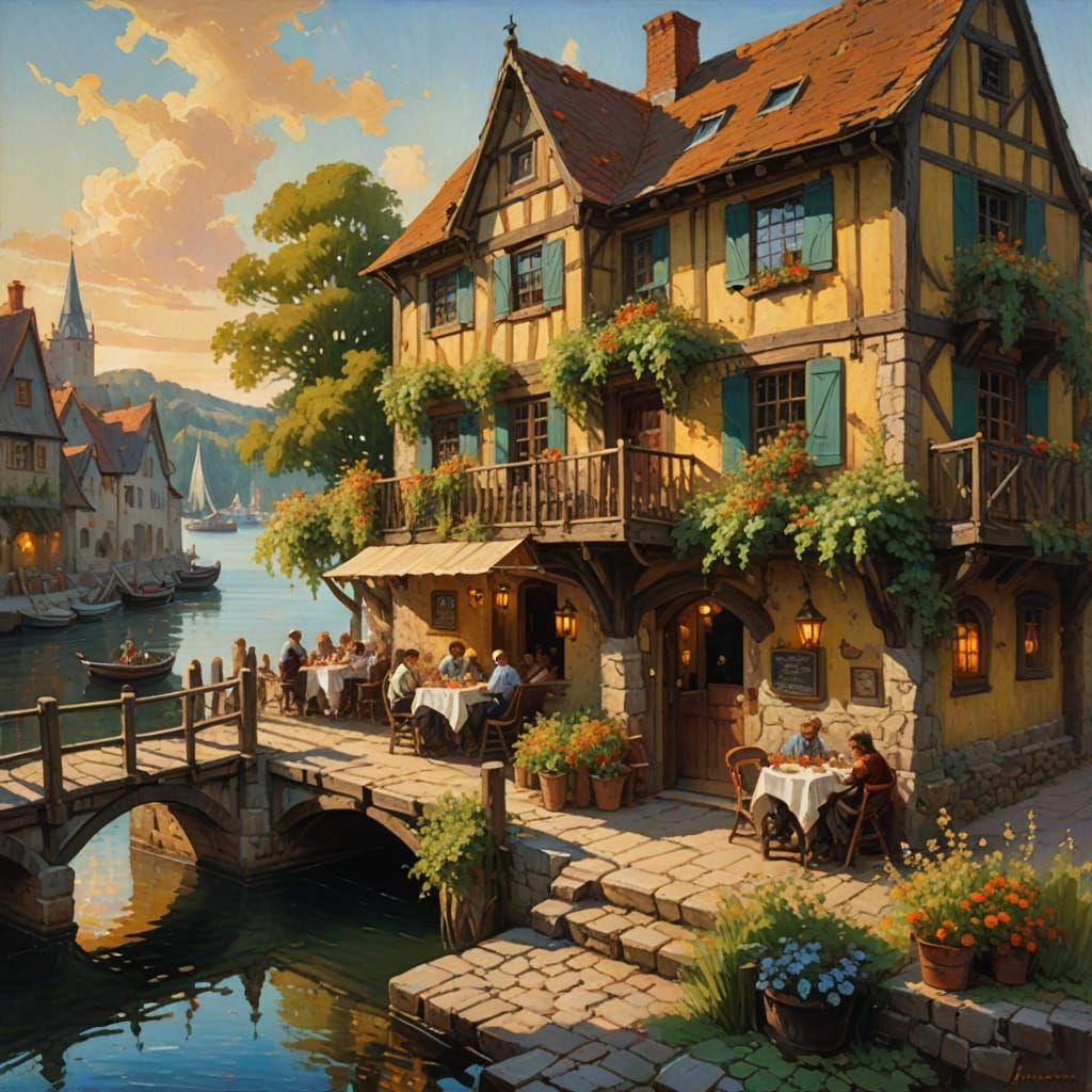 Medieval Tavern Waterfront Scene in Golden Summer Light