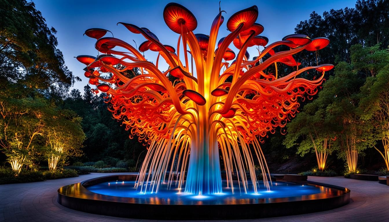 Chihuly Glass Flame Fountain in Futuristic Park