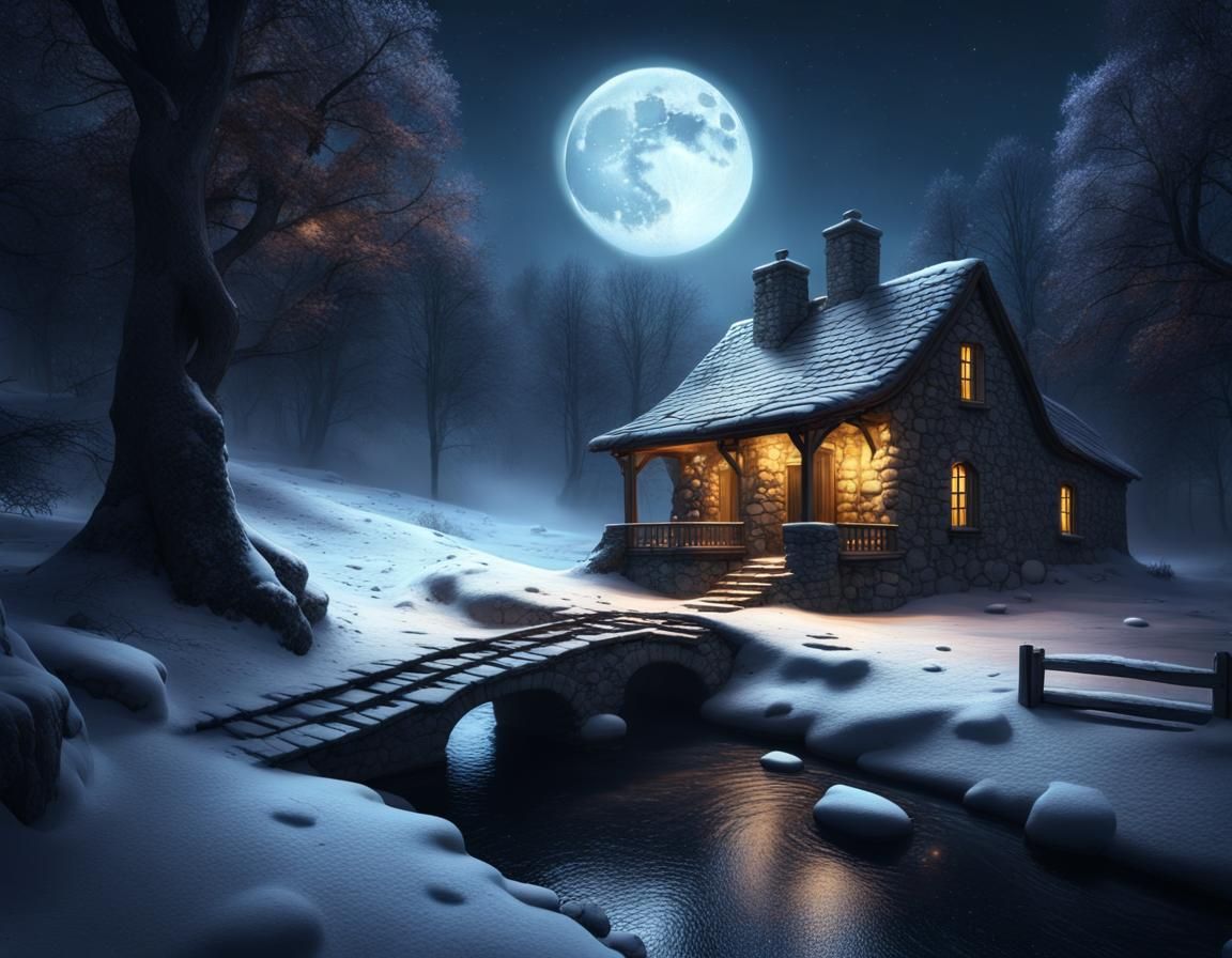 Snowy Forest Cabin Under Eerie Moon