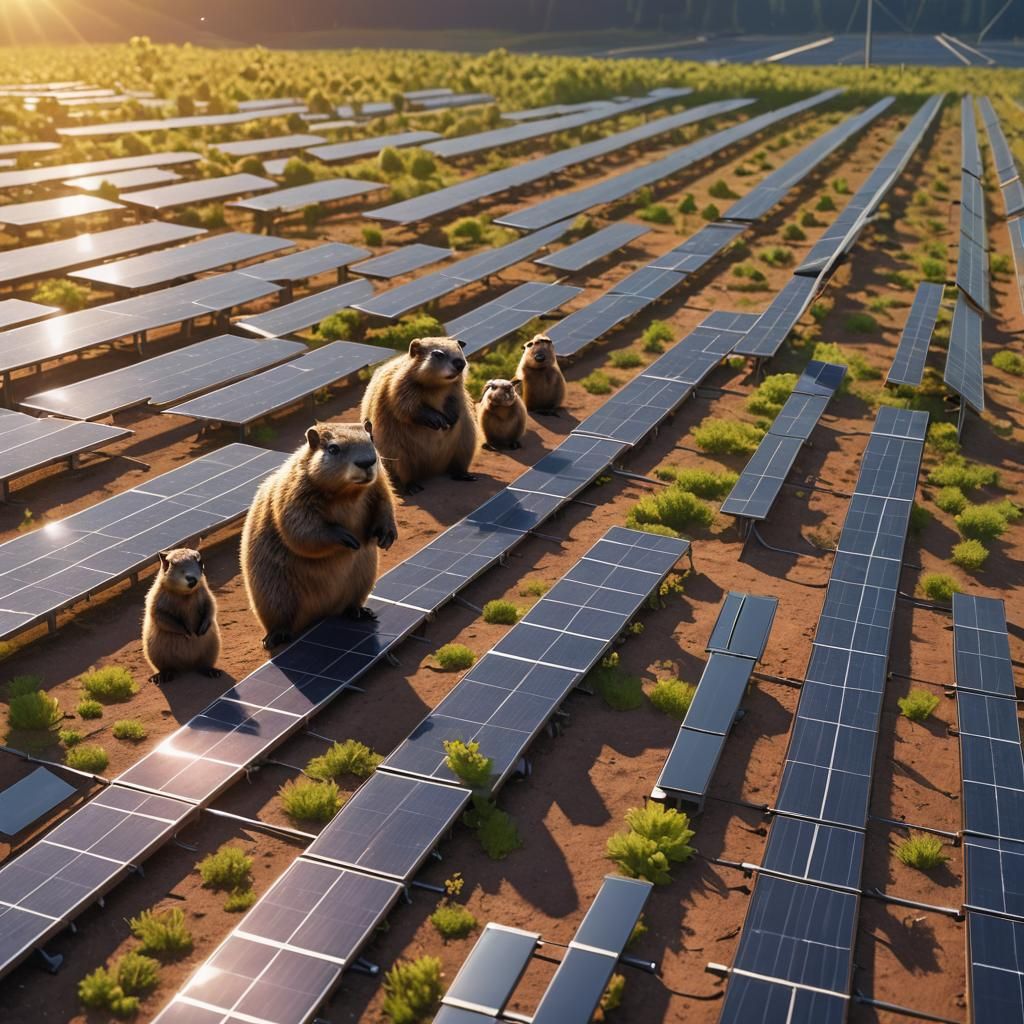 Groundhog in Solar Farm: Vibrant Digital Concept Art