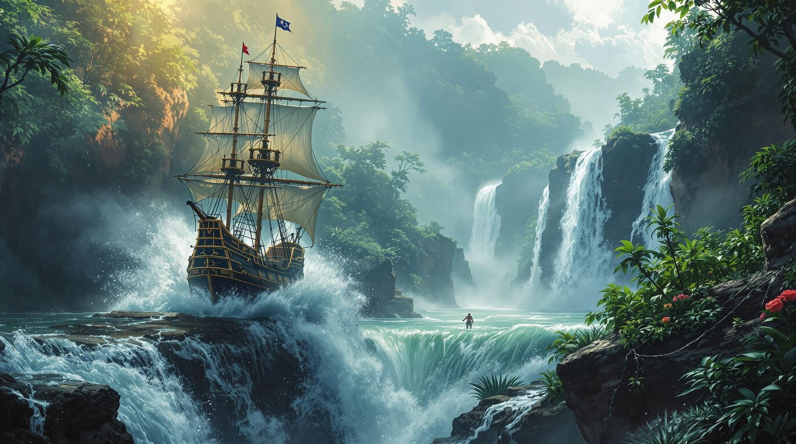 Mighty Galleon Battles Stormy Amazon Jungle Waterfall