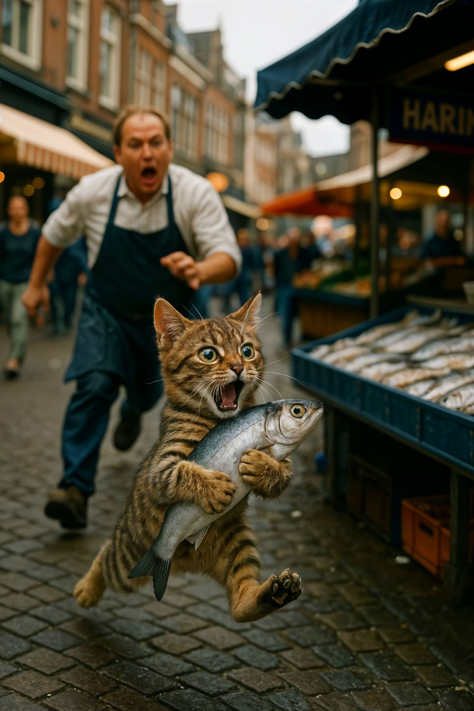 Tabby Cat's Great Fish Heist in Dutch Market