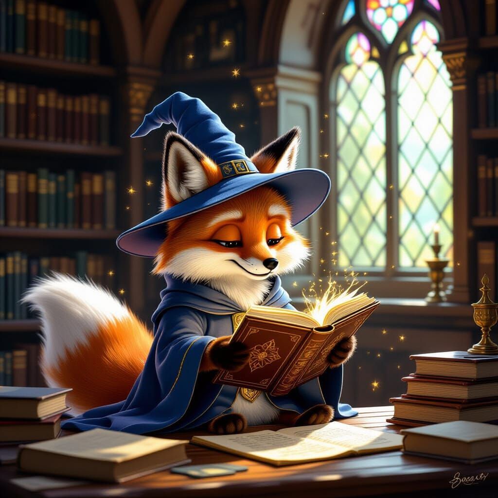 Anthropomorphic Fox Wizard Studies Ancient Tome in Castle St...