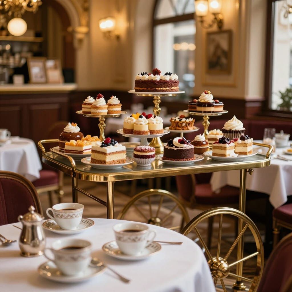 Opulent Viennese Cafe with Cakes and Golden Light