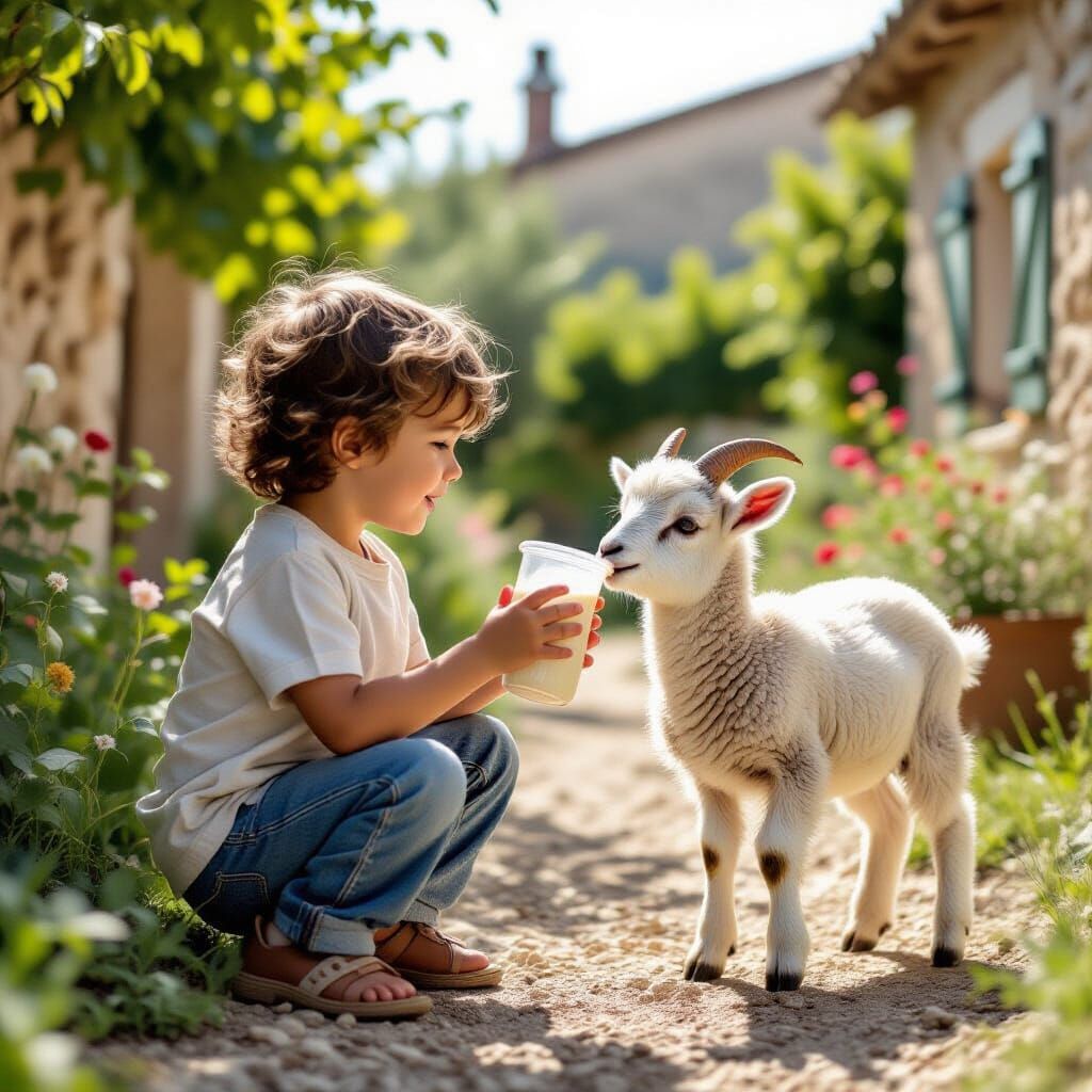 Boy Feeds Goat in a French Farmhouse Courtyard