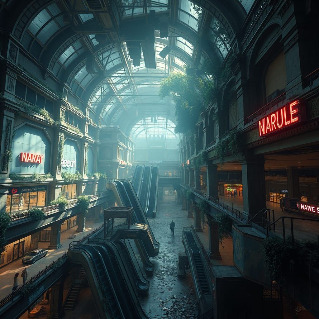 Abandoned Mall in Liminal State with Dark, Foreboding Atmosp...