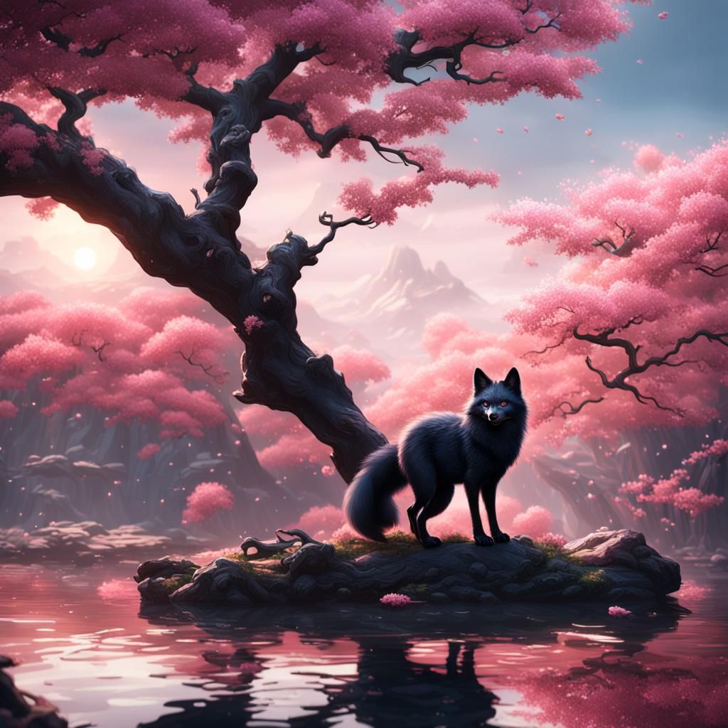 Black Fox on Sakura Branch: Detailed Matte Painting