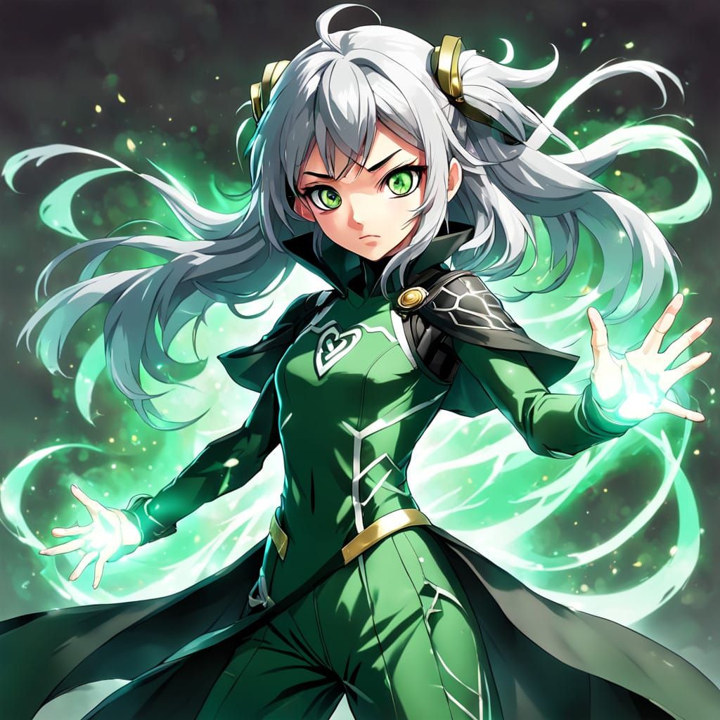 Cyberpunk Kunoichi in Elegant Green Jumpsuit, Wielding Twin....