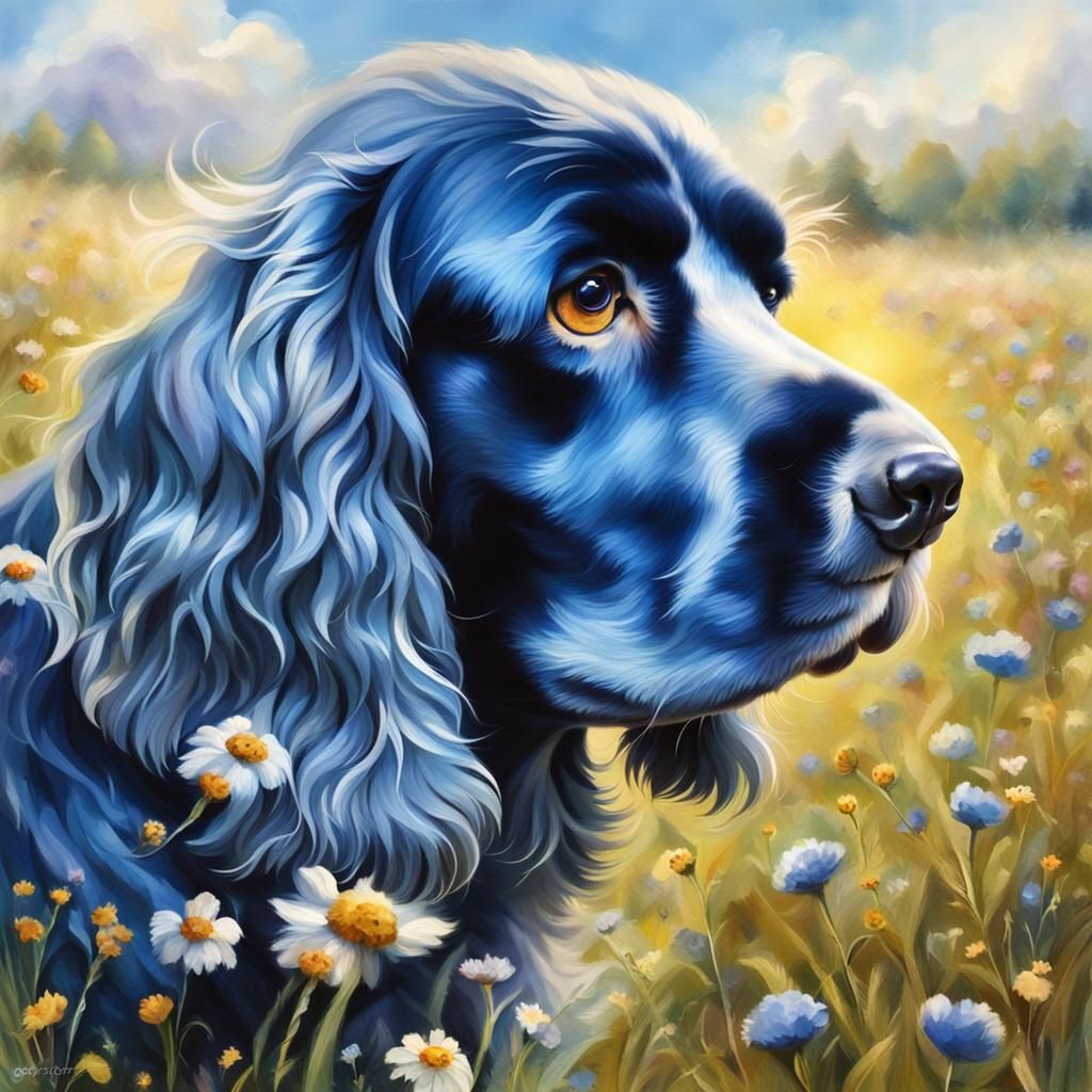 Blue Cocker Spaniel in Sunlit Meadow