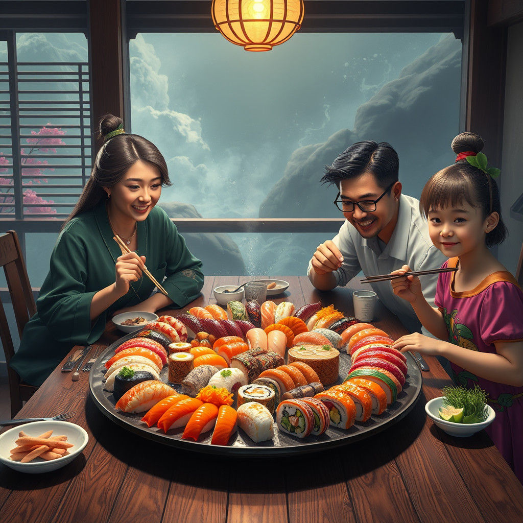 Family Feast: Sushi Dinner in Detailed Digital Painting