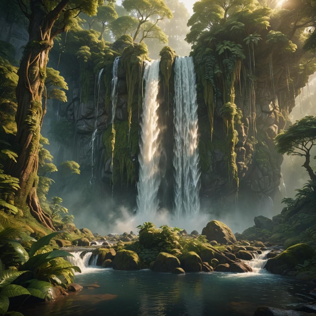 Epic Waterfall in Vibrant Fantasy Forest