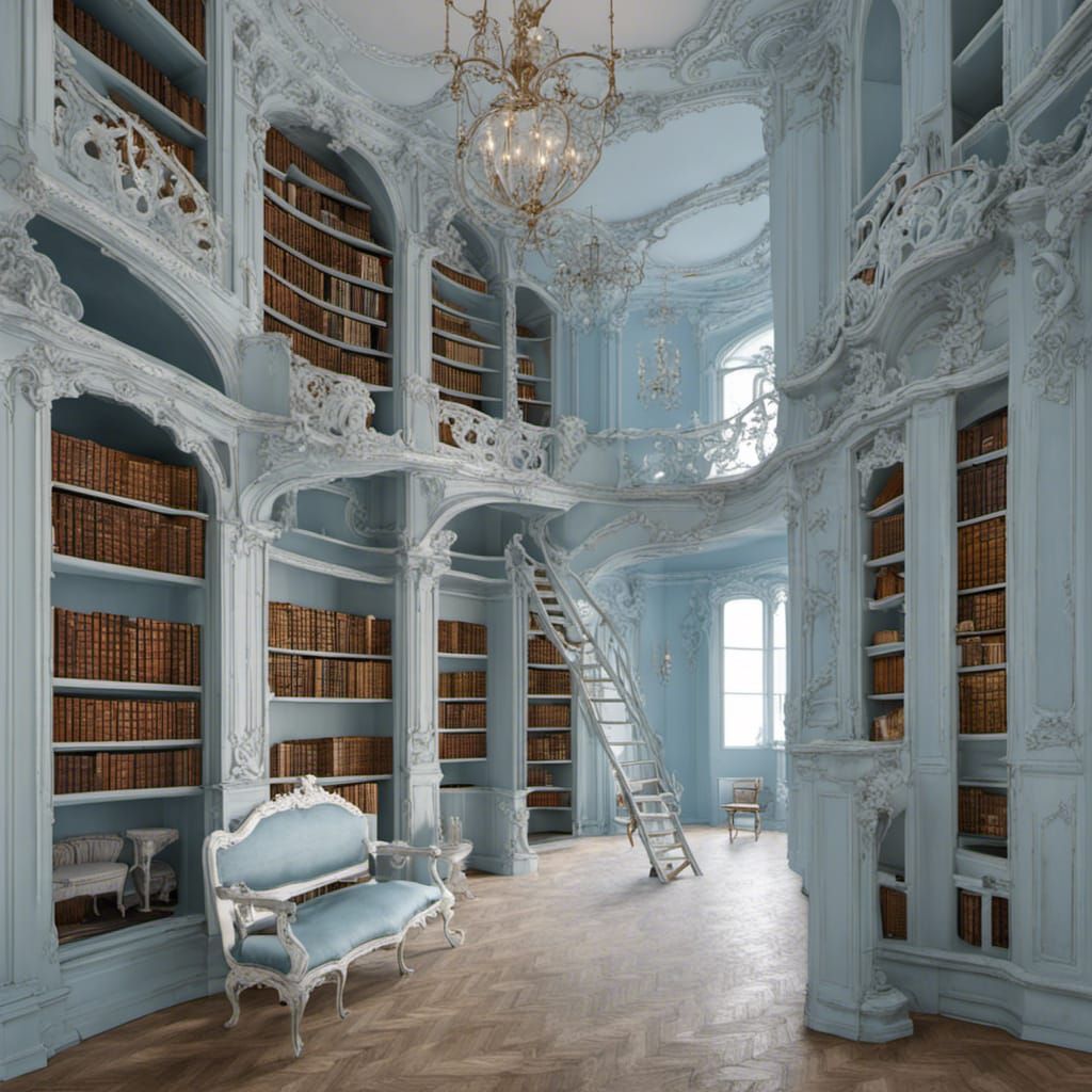 Rococo Library Interior with Pale Blue Accents