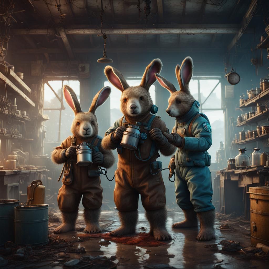 Bears Disinfecting Bunny Rabbit in Fantasy Art Style