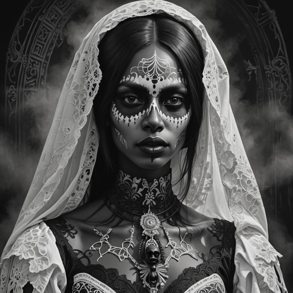 Senegalese Woman in Catrina Costume, Dark Surrealism Portrai...