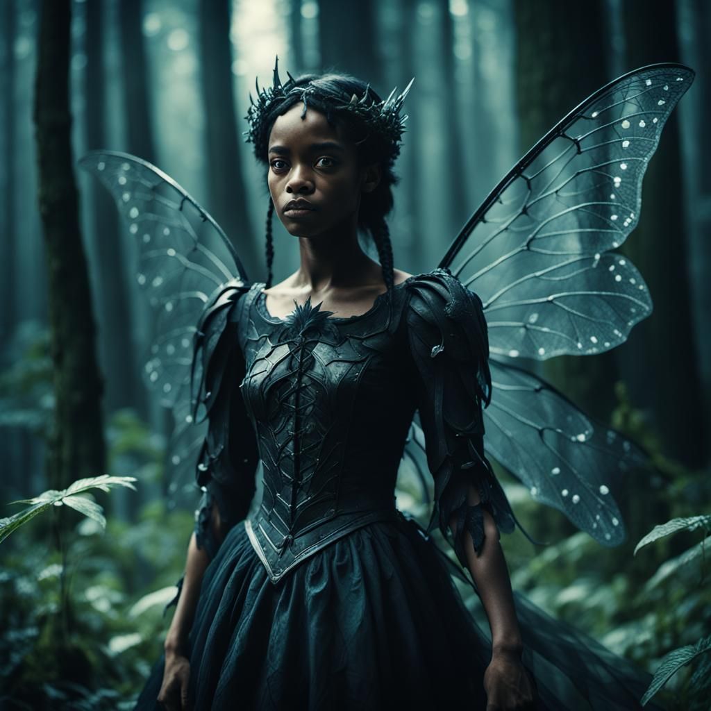 Dramatic Black Fairy in Cinematic Film Still