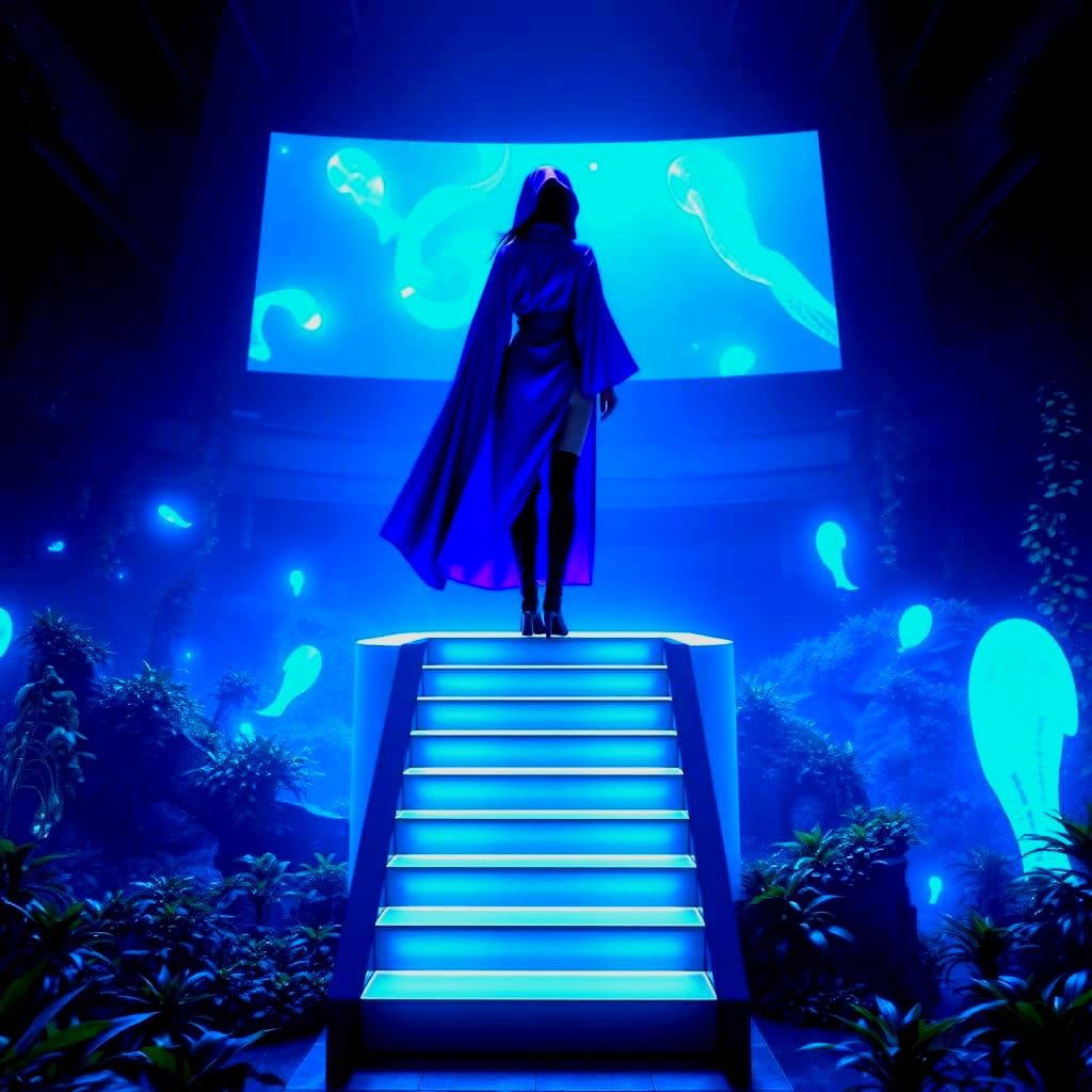 Purple Female Figure in Cyberpunk Staircase with Holographic...