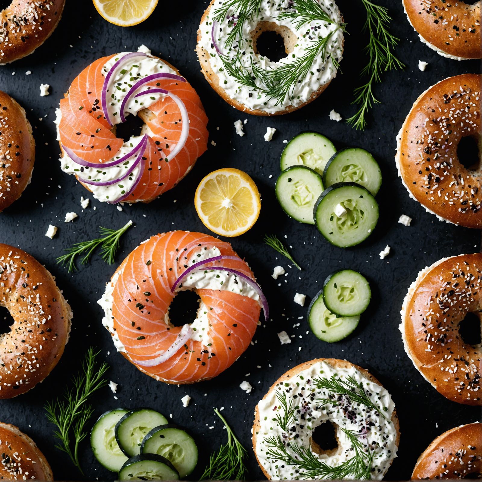 food photography of a lox bagel on a dark background. The sesame bagel has a generous slathering of cream cheese with sl...