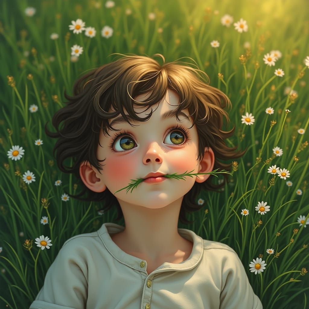 Boy in Meadow: Evoking Chagall, Klimt, and Schiele