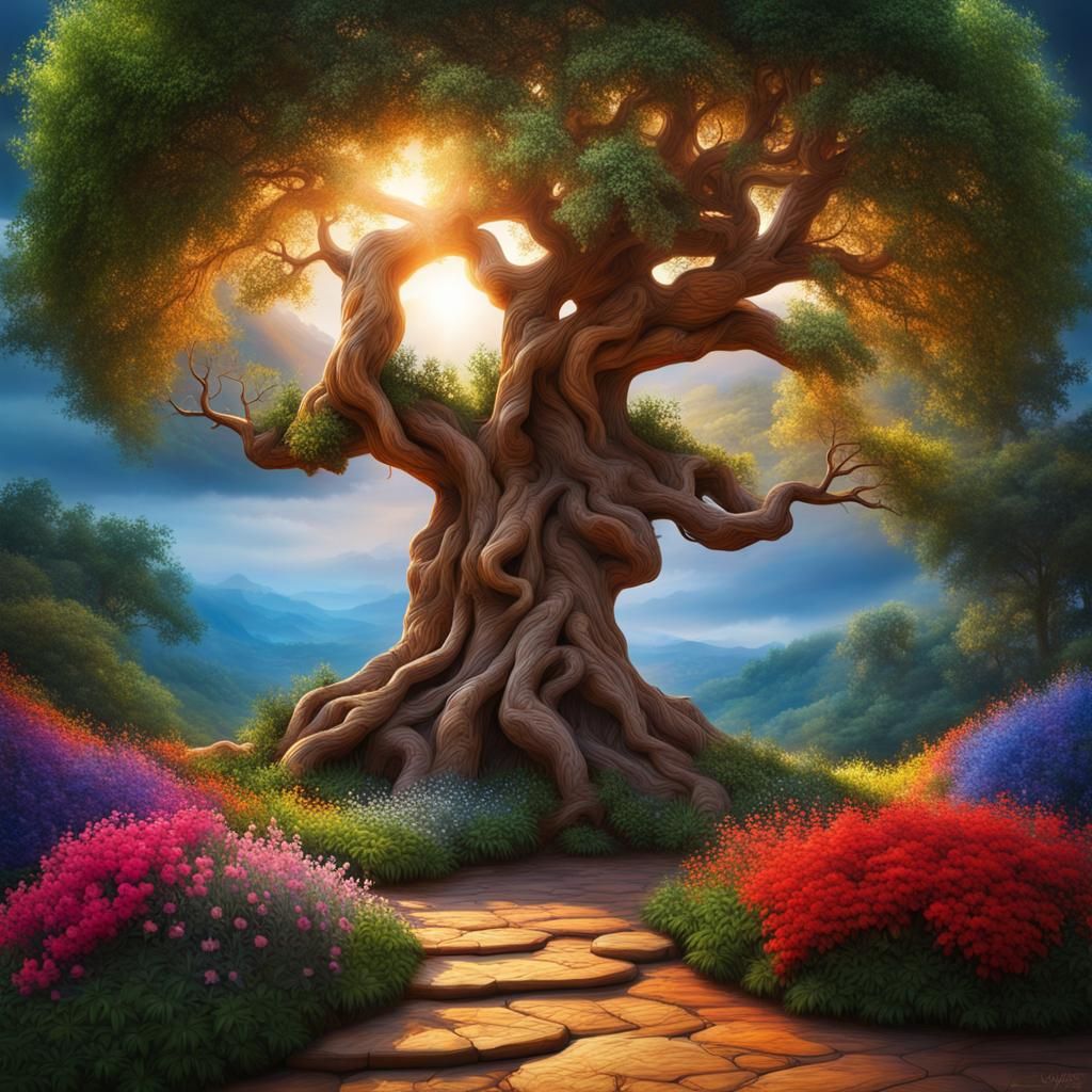 Tree of life in the garden of Eden, beautiful, photorealistic landscape, dramatic lighting, vivid colors