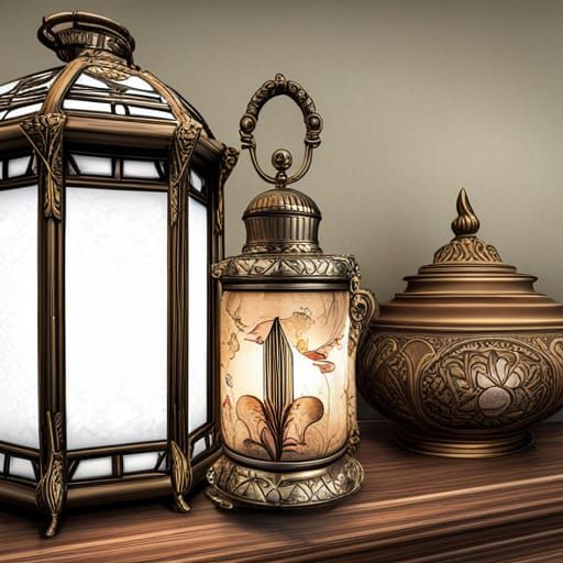 Antique Lantern with Floral Stand in Watercolor Style