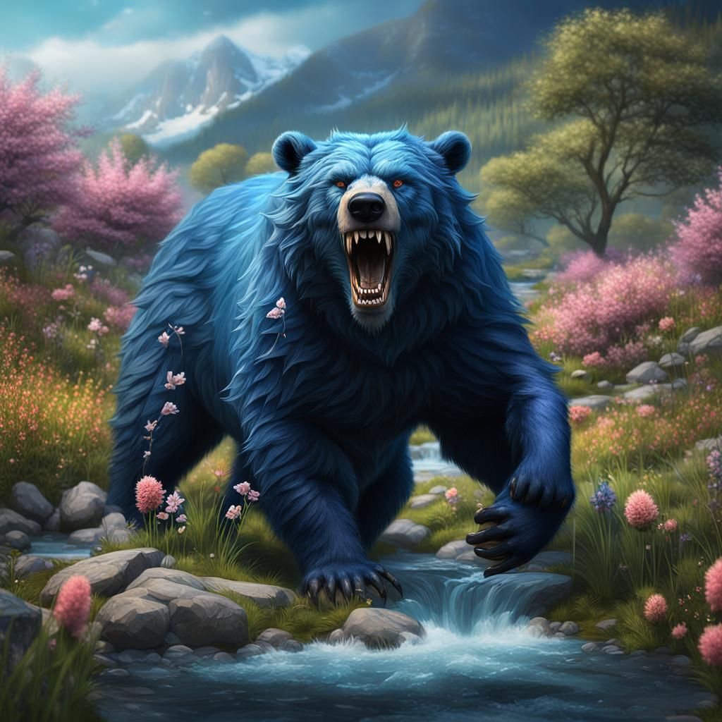 Roaring Blue Bear Creature in Spring Valley