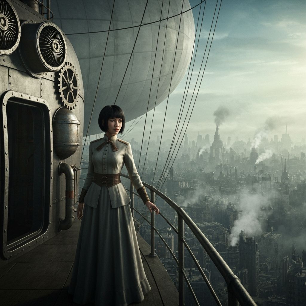 Steampunk Airship Over Smoggy Metropolis