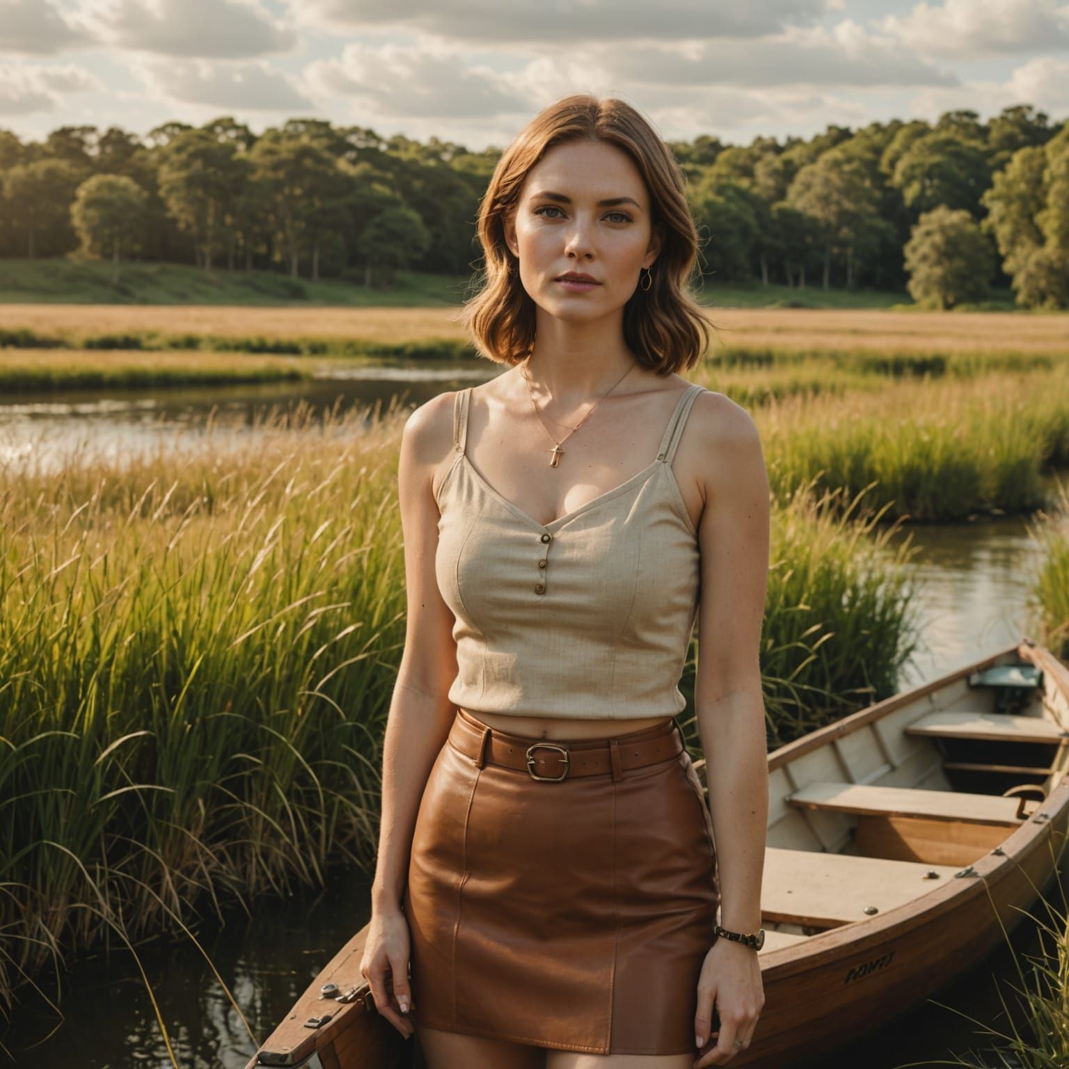 Woman Beside Boat in Grassy Riverside Scene