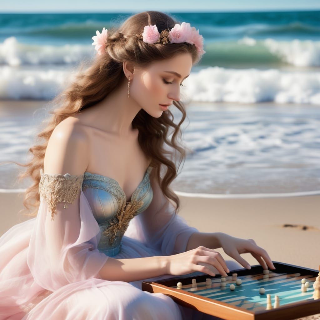 Goddess Aphrodite Plays Backgammon on Beach in Pastel Waterc...