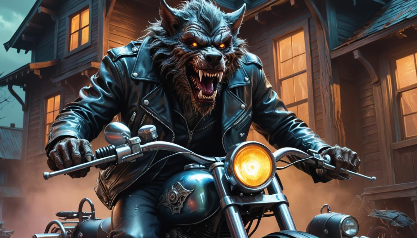 Werewolf Biker Rides by Haunted House