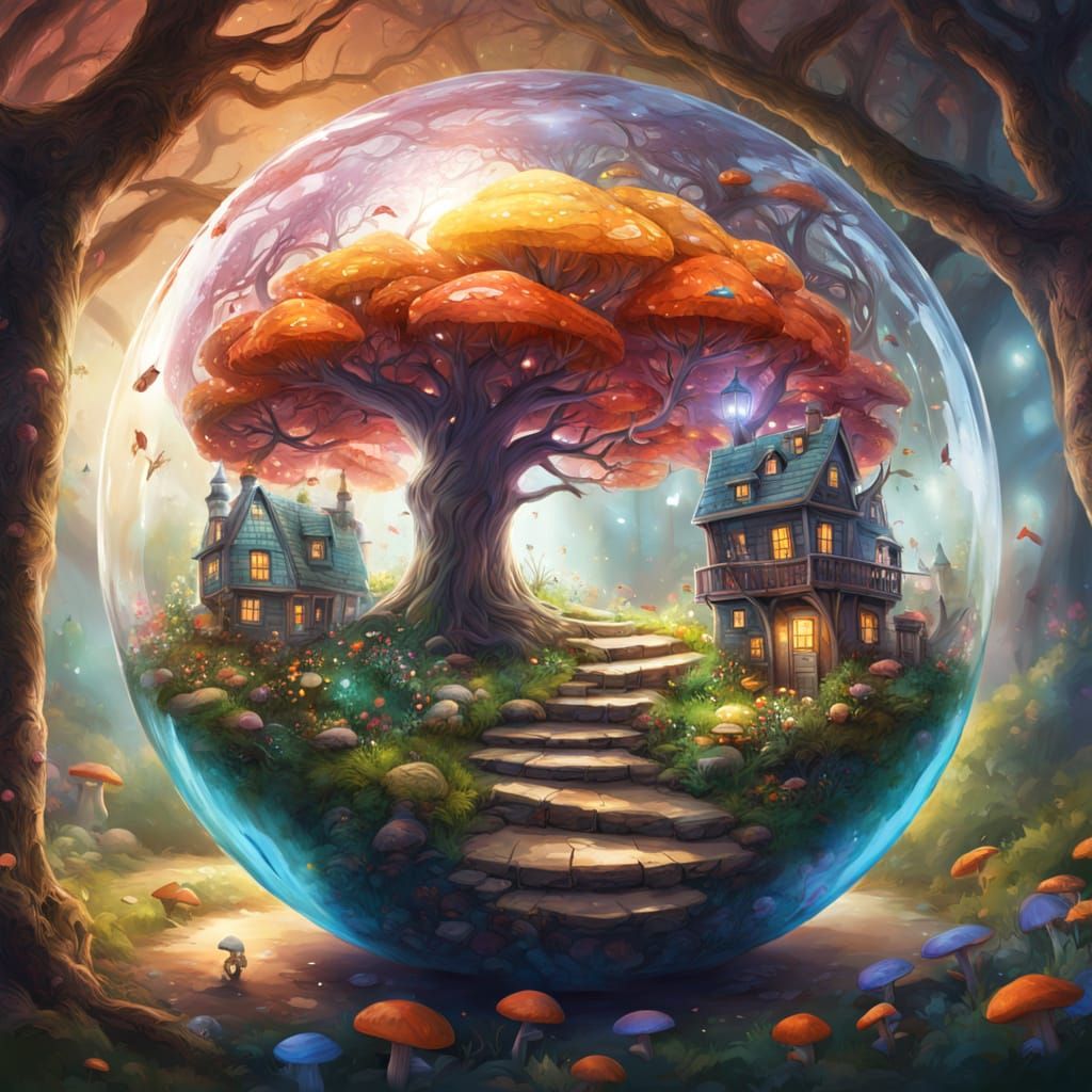 Miniature City Inside Glass Sphere in Enchanted Forest