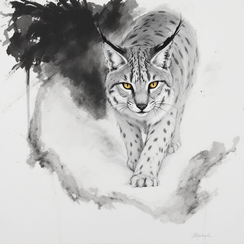 Charcoal Sketch Lynx in Snowy Landscape