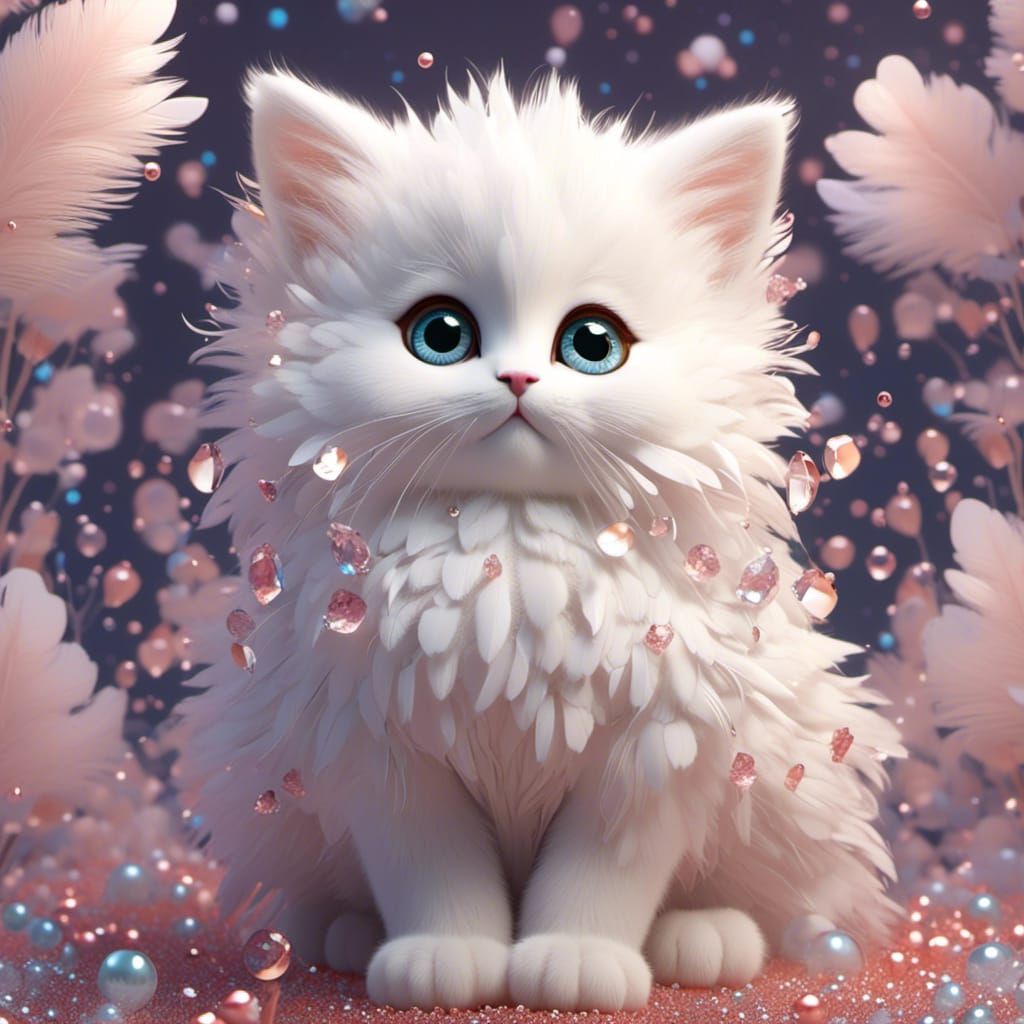 Crystal Kitten Surrounded by Feathers and Aurora Borealis