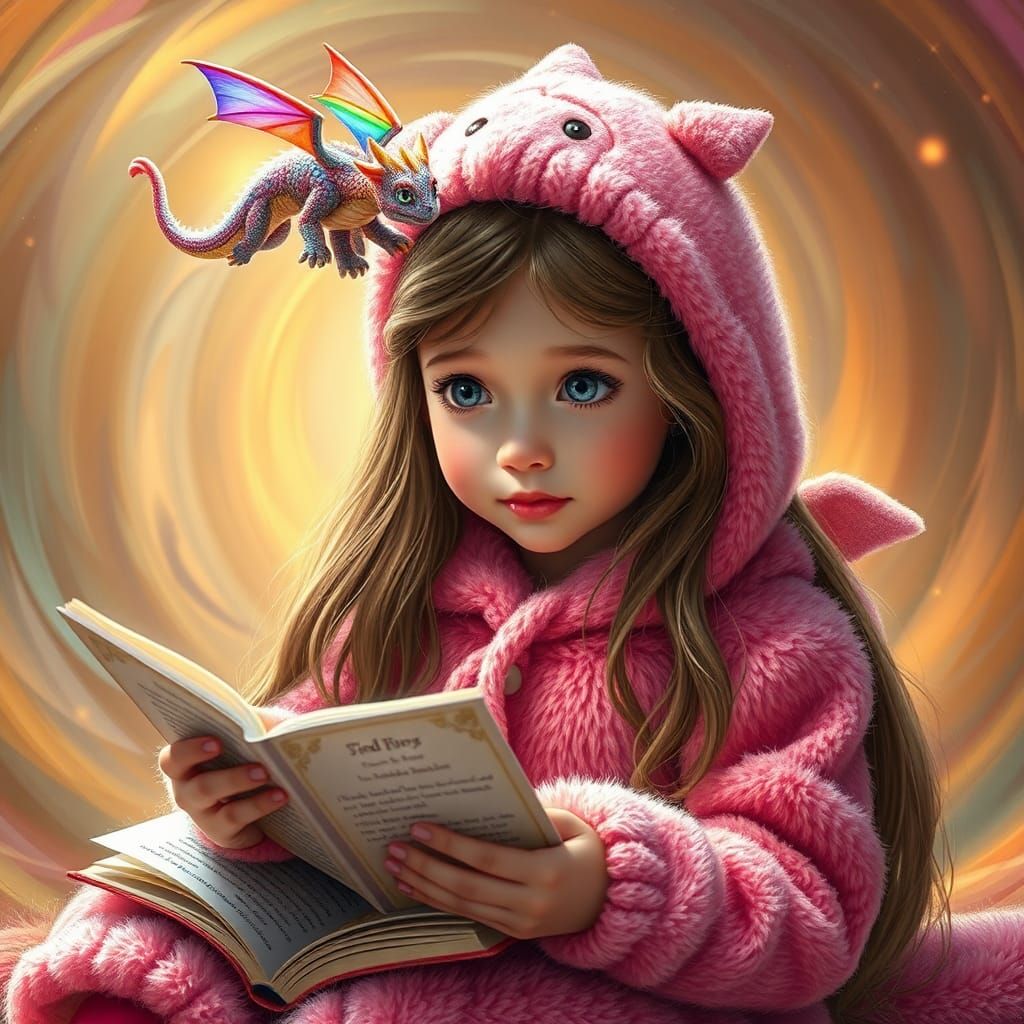 Girl in Dragon Onesie Reading Book, Digital Art
