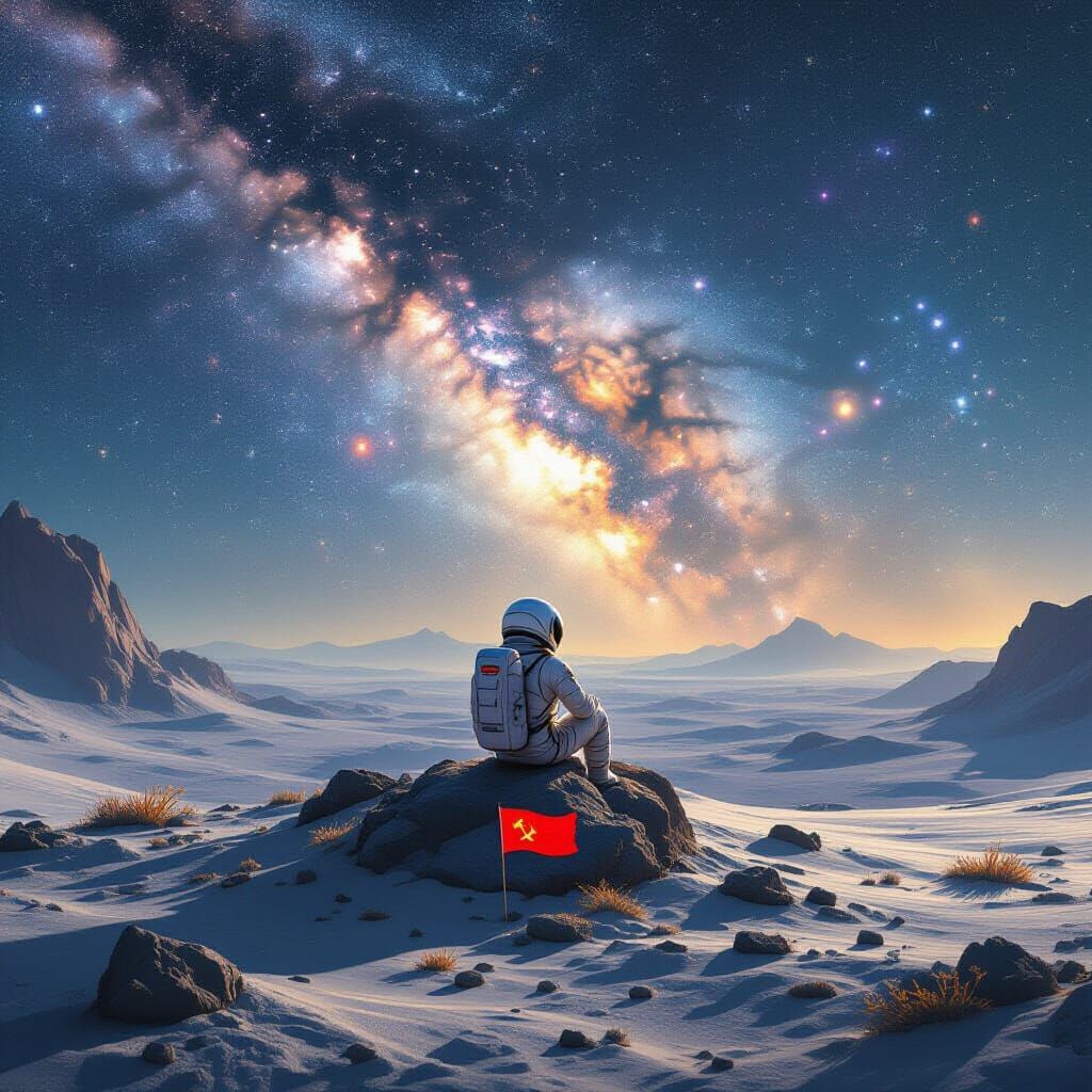 Astronaut Gazes at Nebula on Alien Planet