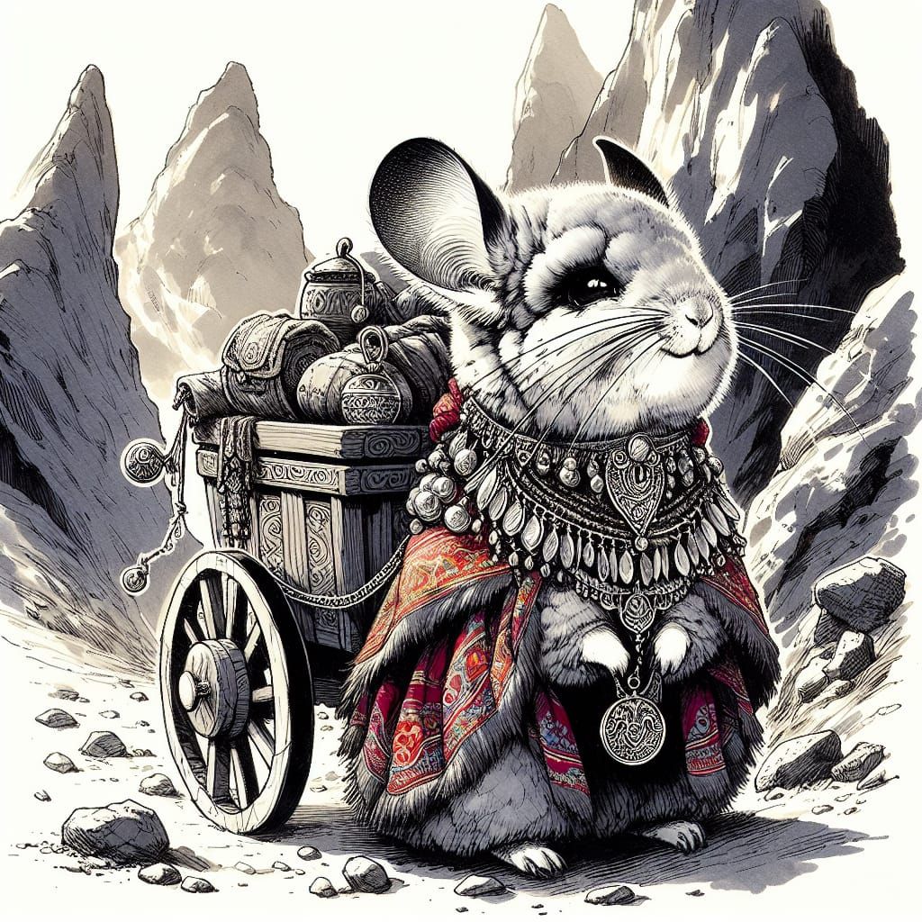 Chinchilla Merchant in Mountain Pass, Ink and Watercolor Sty...