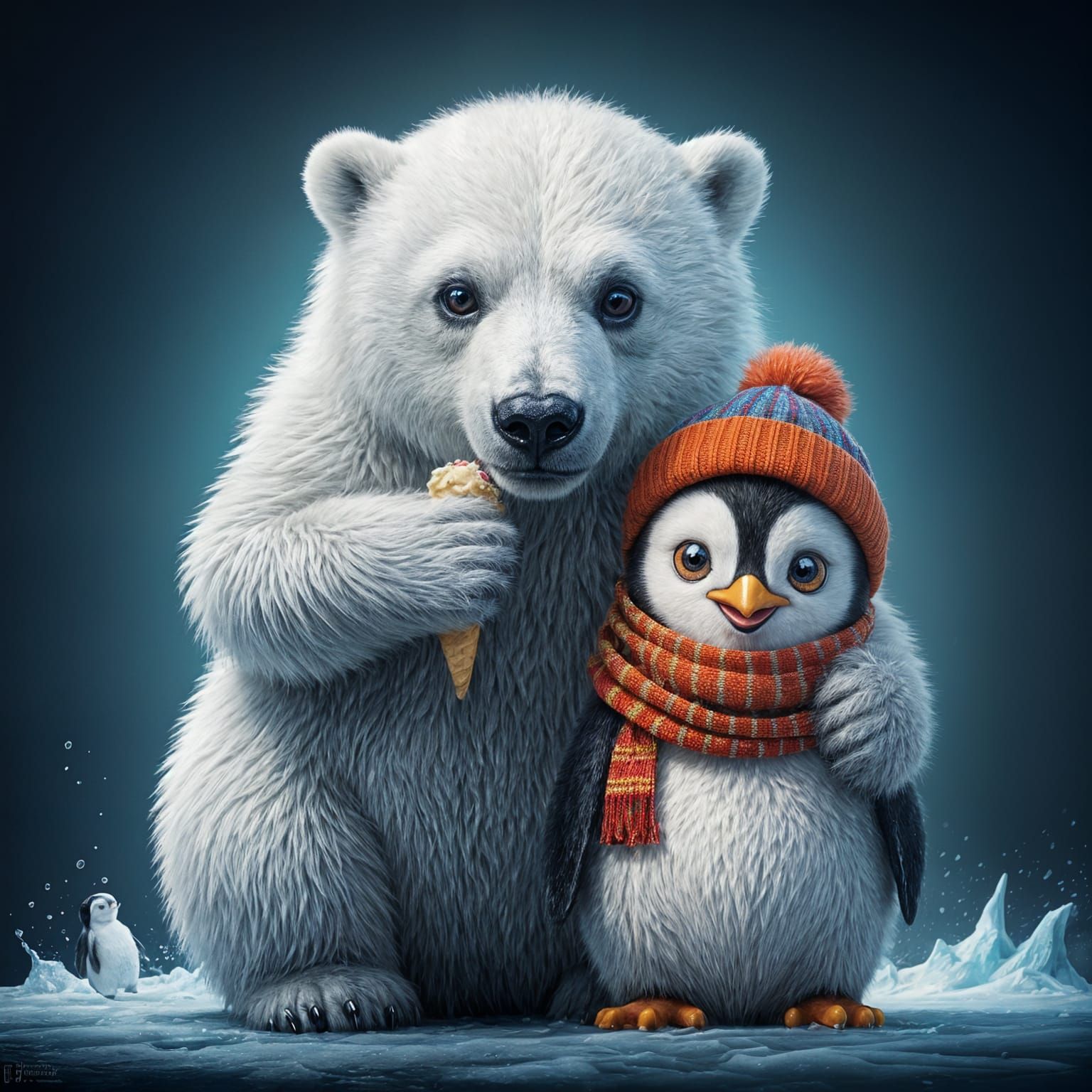 Polar Bear Cub Steals Ice Cream from Penguin