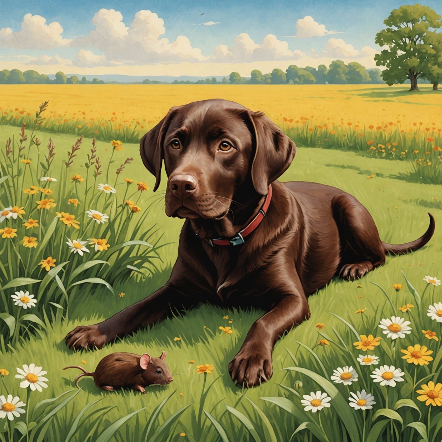 Chocolate Lab and Mouse Storybook Illustration