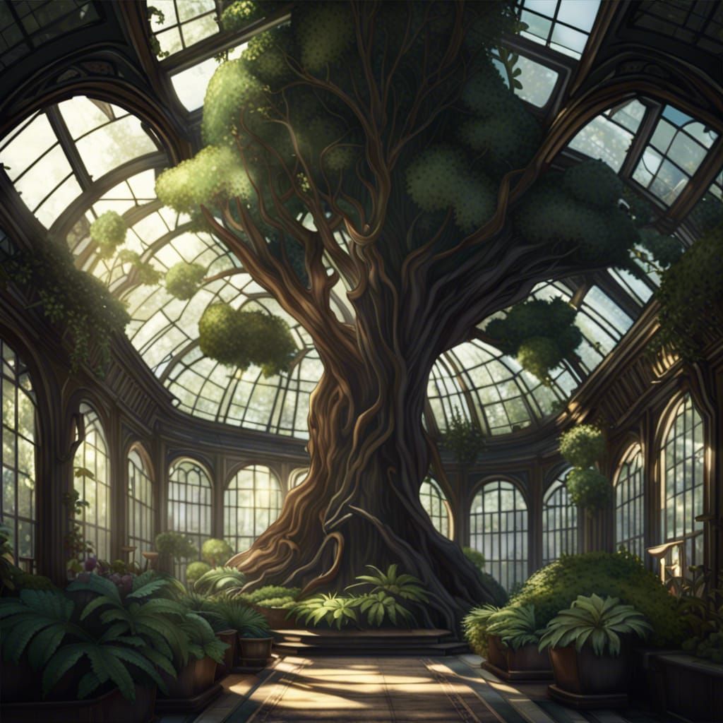 Art Nouveau Greenhouse with Giant Trees