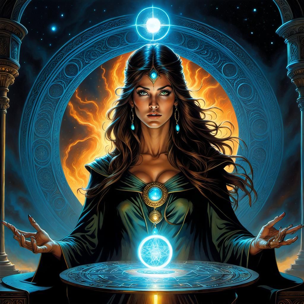 Young Sorceress Spellcasting in Bioluminescent Fantasy Art