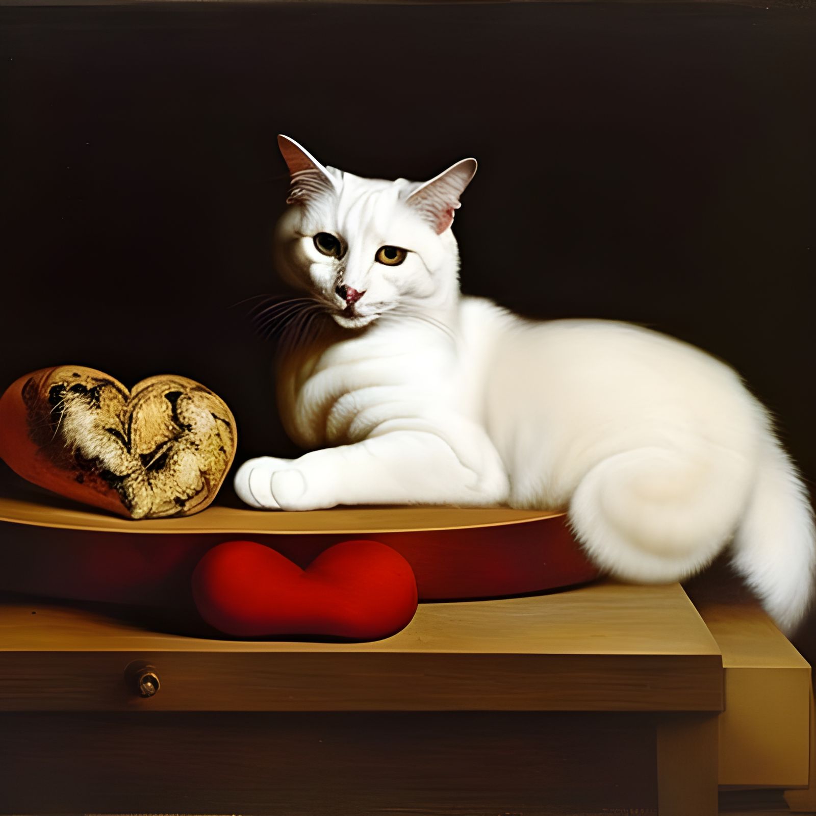 Baroque Still Life: White Cat Eating Heart