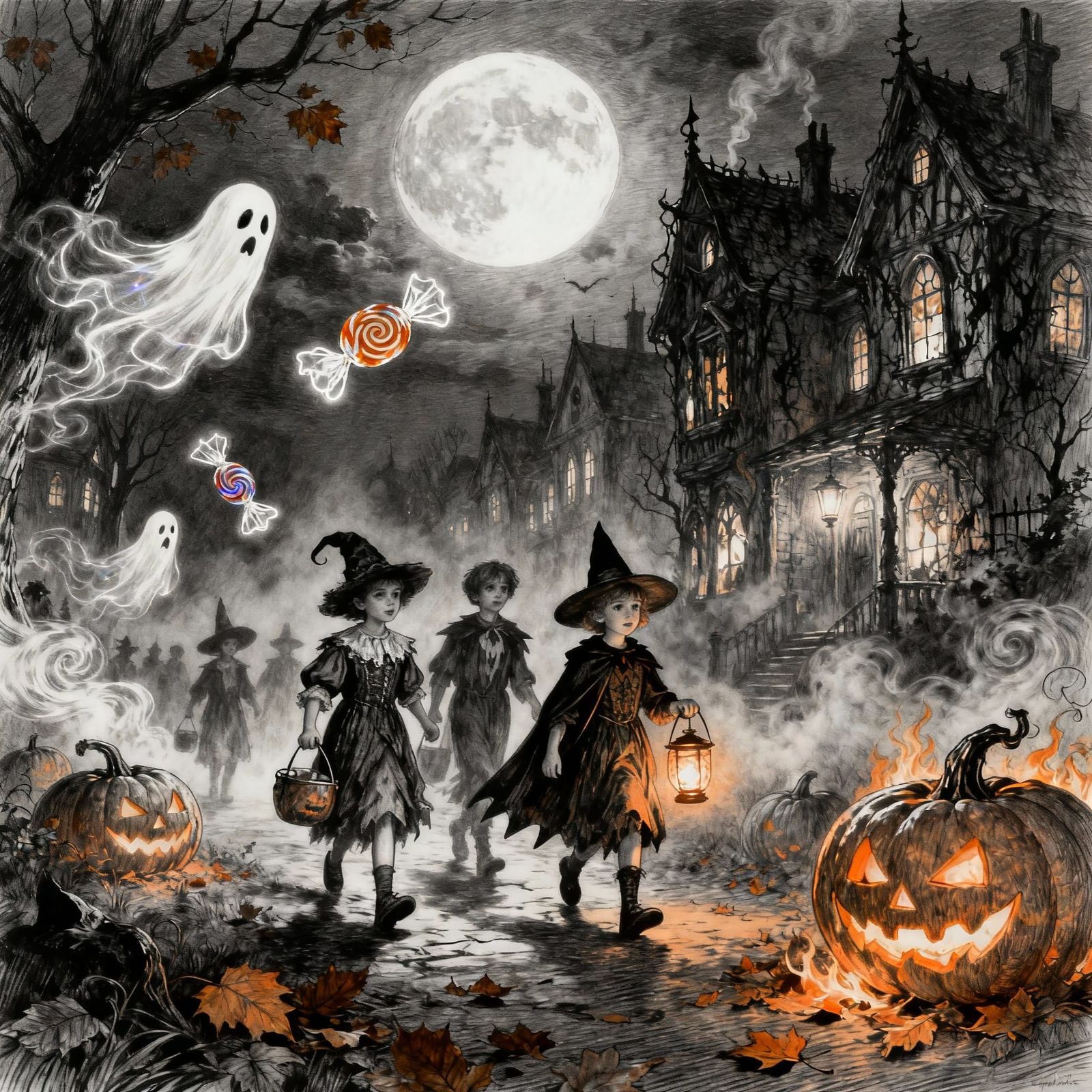 Eerie Halloween Night With Costumed Children Trick-or-Treati...