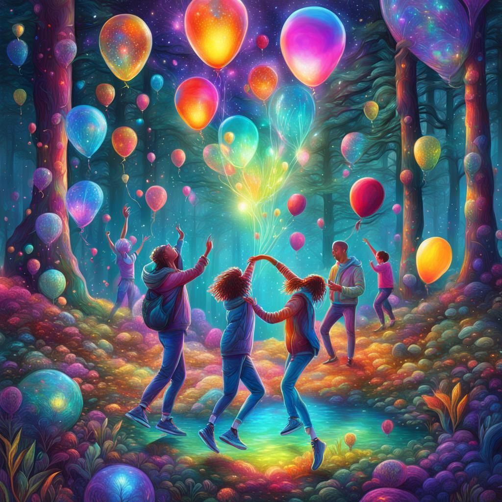 Forest Dance Party: Holographic Cosmic Illustration