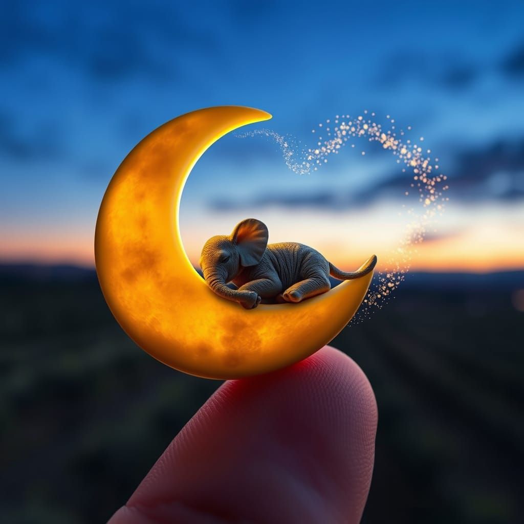 Fantasy Baby Elephant in a Dreamlike Lunar Scene
